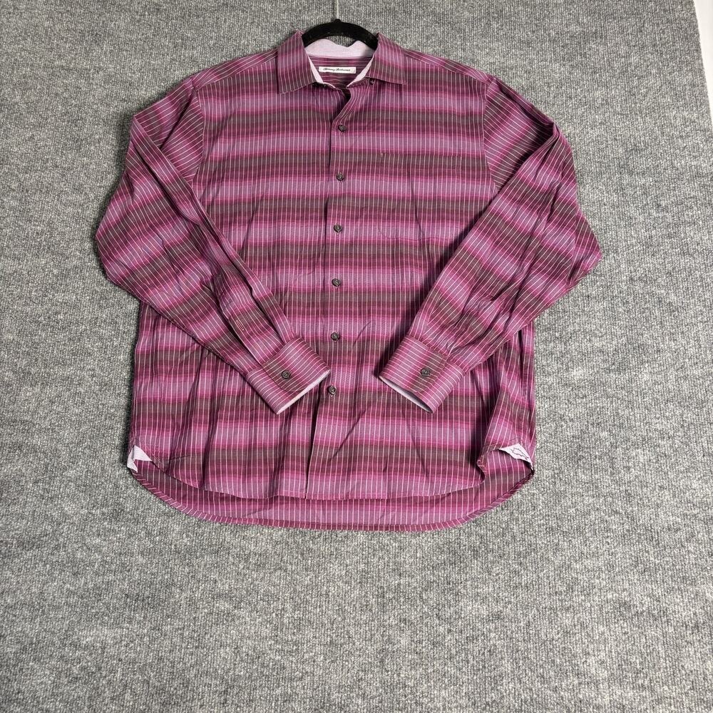 Tommy Bahama Button Down Shirt Mens Medium Purple Striped Silk Blend Long Sleeve